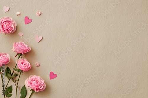 Beautiful Pink Roses With Decorative Hearts on a Light Background for Romanti...