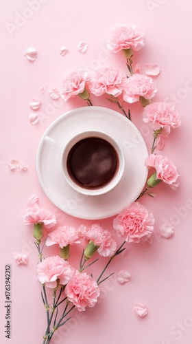 Delicate Pink Flowers and a Cup of Dark Coffee on a Soft Pink Surface in a Co...