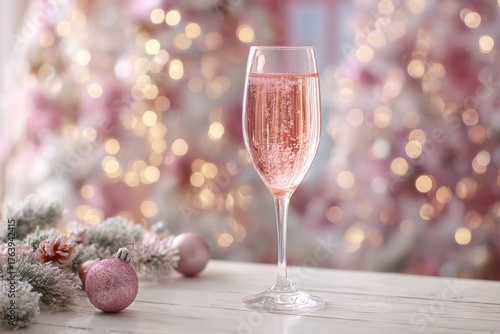 Festive Pink Drink in a Glass Beside Holiday Decorations and Ornaments