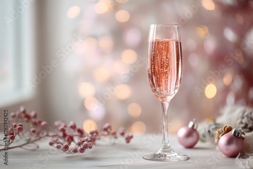 Festive Pink Drink in a Glass Beside Holiday Decorations and Ornaments