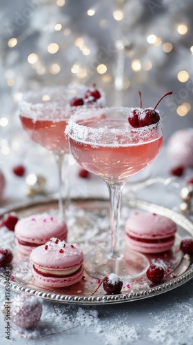 Sweet Pink Cocktails and Macarons on a Silver Tray With Lights in the Background