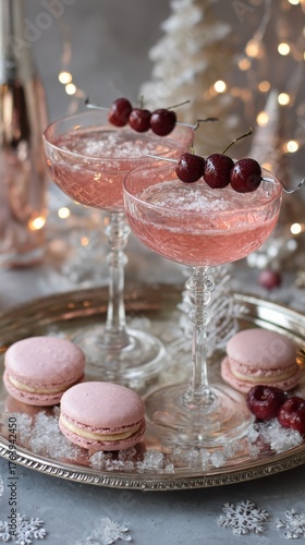 Sweet Pink Cocktails and Macarons on a Silver Tray With Lights in the Background