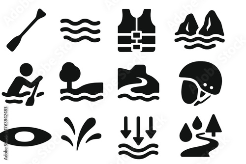 Canoeing Adventure Icons. Solid style icons of Canoeing: canoe oar, flowing river, life jacket, river rapids, paddling motion,