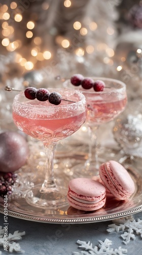 Elegant Pink Cocktails With Macaroons on a Festive Table Decorated With Lights