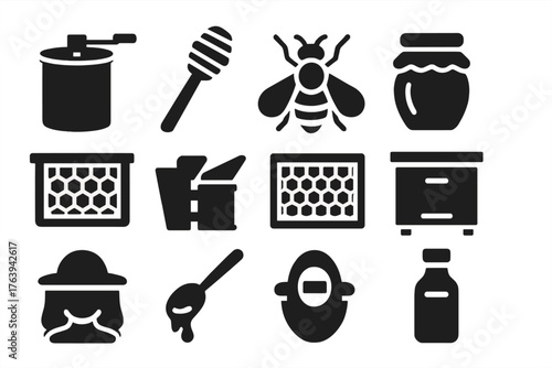 Honey Production Icons. Solid style icons of Honey Production: honey extractor, wooden honey dipper, worker bee, sealed honey jar,