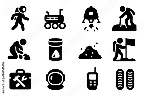 Lunar Exploration Icons. Solid style icons of Lunar Exploration: astronaut walking, rover driving, lander descent, crater