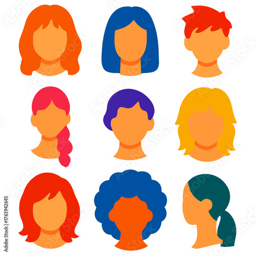 Women's Hairstyle Icons. Flat vector icons of women hairstyles: curtain bangs, straight lob, spiky short style. Bubble braid,
