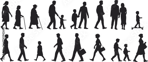 Diverse people silhouette, walking figures vector, family group, elderly and child, urban lifestyle, inclusive design, flat vector illustration