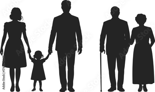 Family generations, parents and child, elderly couple, aging concept, family bond, life stages, flat vector illustration, silhouette, togetherness, love