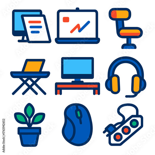 Home Office Icons. Flat vector icons of home office ergonomics and setup: document holder next to screen, wall-mounted whiteboard,