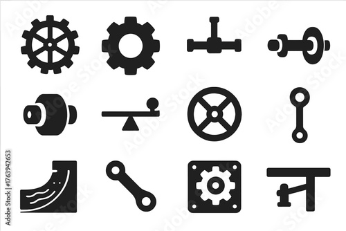 Mill Mechanism Icons. Solid style icons of Mill Mechanism: wooden gear, cogwheel, pulley belt, turning shaft, axle hub, lever