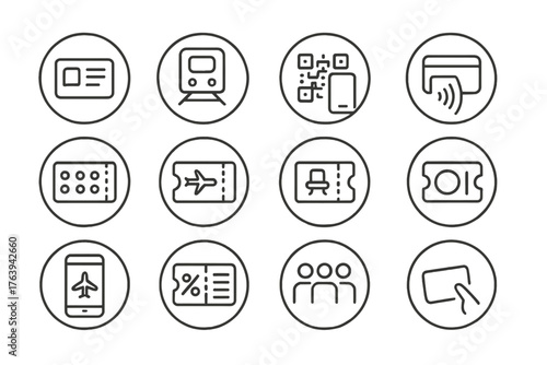 Travel Pass Icons. Line style round icons of travel passes and tickets: pass, metro ticket, QR scan, NFC tag; punch card, trip