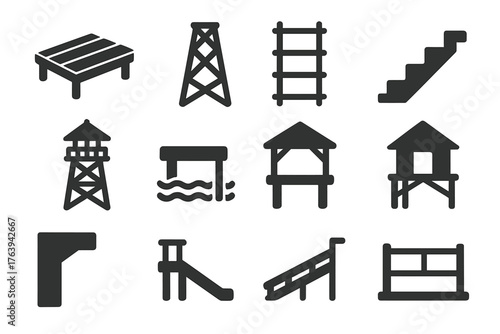 Platform and Tower Icons. Solid style icons of Platforms and Towers: wooden platform, steel tower, rope ladder, stair climb,