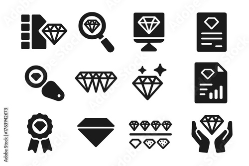 Diamond Grading Icons. Solid style icons of Diamond Grading: color chart, clarity loop, carat scale, certificate paper, grading