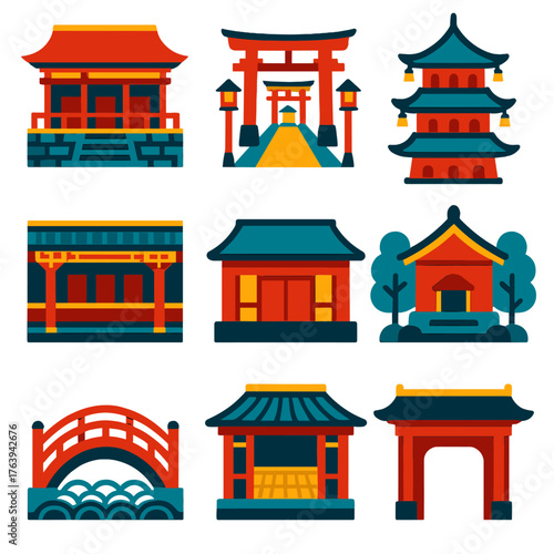 Asian Architecture Icons. Flat vector icons of Japanese Chinese architecture: imperial court building with tiled terrace,