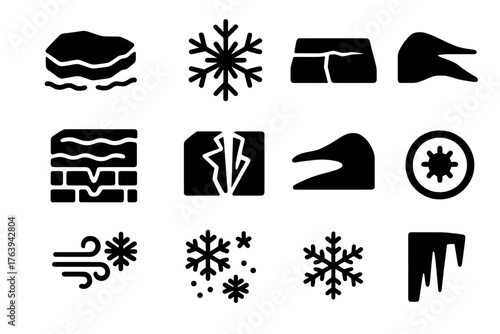 Arctic Element Icons. Solid style icons of Natural arctic elements: ice floe, snowflake, frozen tundra, permafrost, glacial