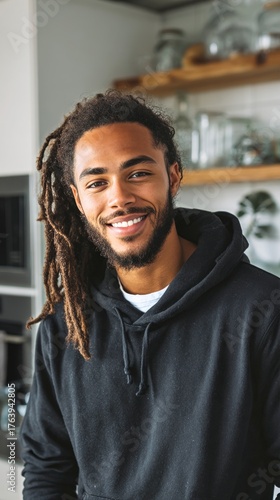 Young Man With Dreadlocks Smiles in Modern Kitchen Setting During Daylight