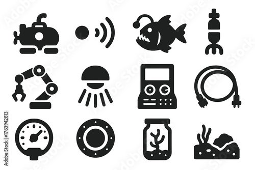 Underwater Research Icons. Solid style icons of Underwater Research: submersible craft, sonar waves, deep sea creature, research