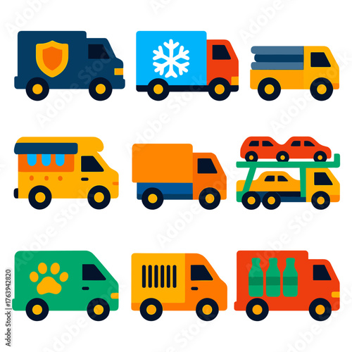 Colorful Vehicle Icons. Flat vector icons of van, truck and lorry: armored truck with shield emblem, refrigerated truck with frost