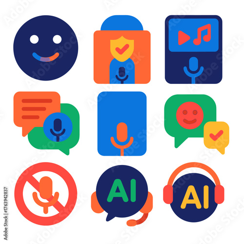 Smart Interface Icons. Flat vector icons of voice assistants and smart interfaces: digital command response face, voice assistant