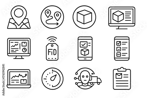 Logistics Technology Icons. Line style round icons of logistics technology: GPS tracking, route optimization, digital twin,
