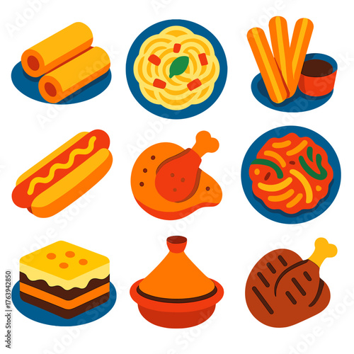 Global Cuisine Icons. Flat vector icons of international cuisine and world foods: Chinese spring rolls, Italian pasta carbonara,