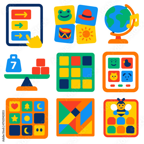 Educational Kids Icons. Flat vector icons of kids learning and educational games: simple coding game for kids, rhyming picture
