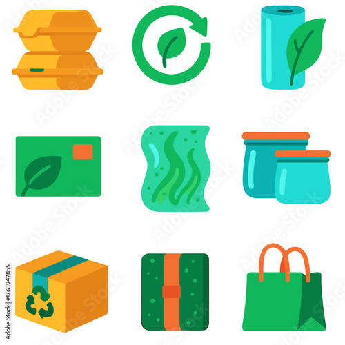Eco-Friendly Packaging Icons. Flat vector icons of eco-friendly packaging and materials: compostable takeout boxes, zero waste