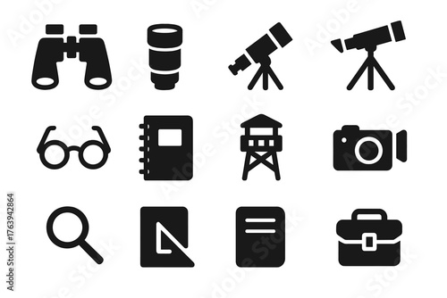 Observation Tools Icons. Solid style icons of Observation Tools: binoculars, camera lens, telescope, spotting scope, viewing