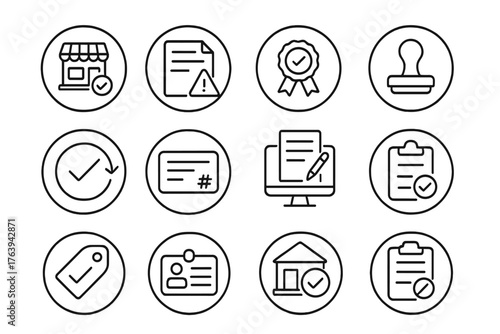 Licensing Icons Collection. Line style round icons of licensing and permits: business license, permit document, certification