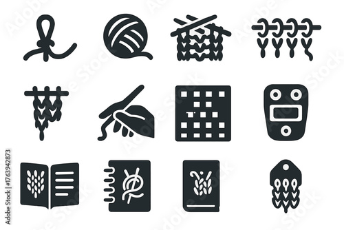 Knitting Icons Collection. Solid style icons of Knitting in progress: cast-on loop, working yarn, stitch row, live stitches,
