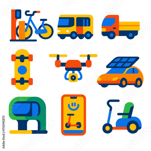 Future Mobility Icons. Flat vector icons of future mobility: community e-bike share station, modular EV van for cities, compact