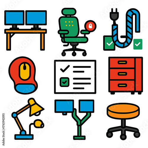 Modern Ergonomic Office Icons. Flat vector icons of home office ergonomics and setup: corner monitor configuration, chair with