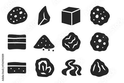 Volcanic Rock Icons. Solid style icons of Volcanic rock and material: pumice stone, obsidian shard, basalt block, scoria chunk,