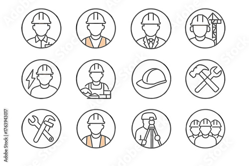 Construction Roles Icons. Line style round icons of construction workers & roles: architect badge, site engineer, project manager,