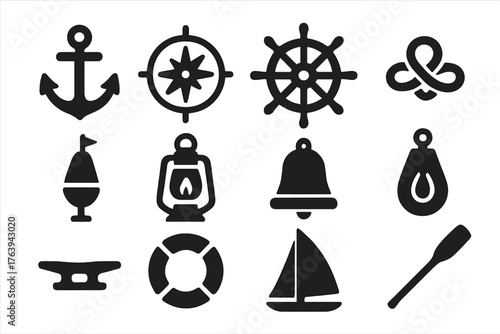 Nautical Tools Icons. Solid style icons of Nautical Tools: anchor, compass, ship wheel, rope knot, buoy, lantern, bell, pulley