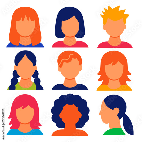 Women's Hairstyle Icons. Flat vector icons of women hairstyles: curtain bangs, straight lob, spiky short style. Bubble braid,