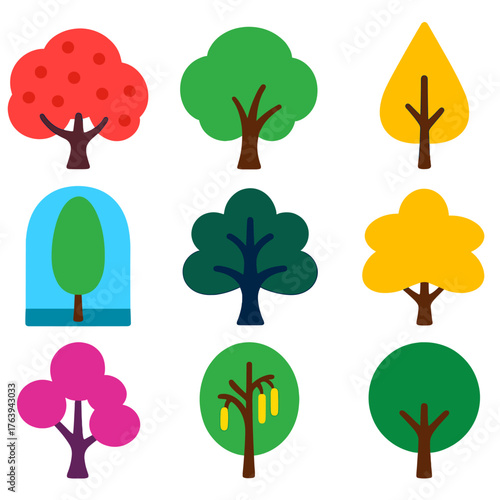 Vibrant Tree Icons. Flat vector icons of deciduous trees: vibrant cherry with branch dots, smooth-limbed walnut, golden catalpa