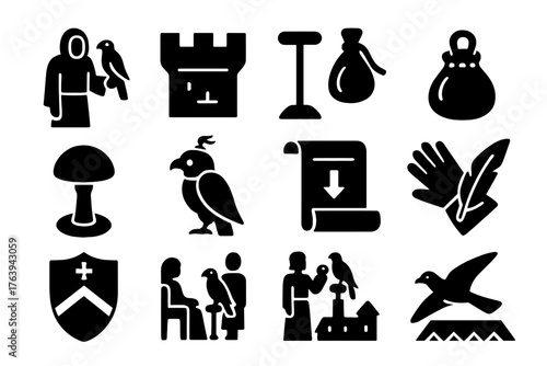 Medieval Falconry Icons. Solid style icons of Medieval Falconry: robed falconer, castle wall, falcon stand, leather pouch, stone