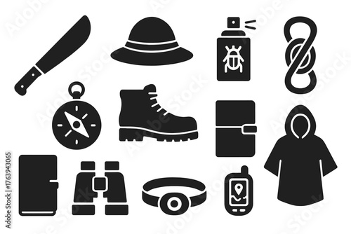 Rainforest Exploration Icons. Solid style icons of Rainforest exploration gear: machete, explorer hat, bug spray, compass, hiking