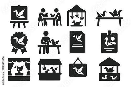 Origami Event Icons. Solid style icons of Origami display and events: gallery stand, folding contest, paper craft fair, table