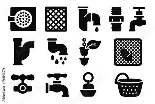 Rainwater Accessory Icons. Solid style icons of Rainwater Accessories: gutter filter, mesh screen, water diverter, hose connector,
