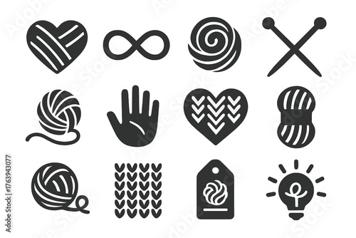 Knitting Symbol Icons. Solid style icons of Knitting symbols and icons: heart with yarn, infinity thread, yarn swirl, needles