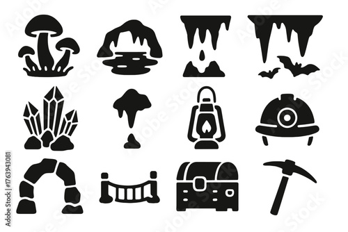 Underground Cavern Icons. Solid style icons of Underground Cavern: glowing mushrooms, underground lake, stalactites, crystal