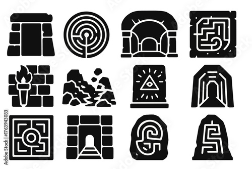 Ancient Labyrinth Icons. Solid style icons of Ancient Labyrinths: stone door, labyrinth symbol, underground chamber, carved map,