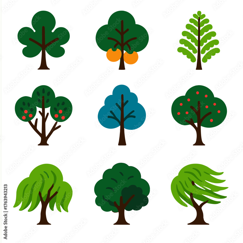 Fototapeta premium Vibrant Tree Icons. Flat vector icons of deciduous trees: fig tree with three-part crown, persimmon with fruit cluster, honey