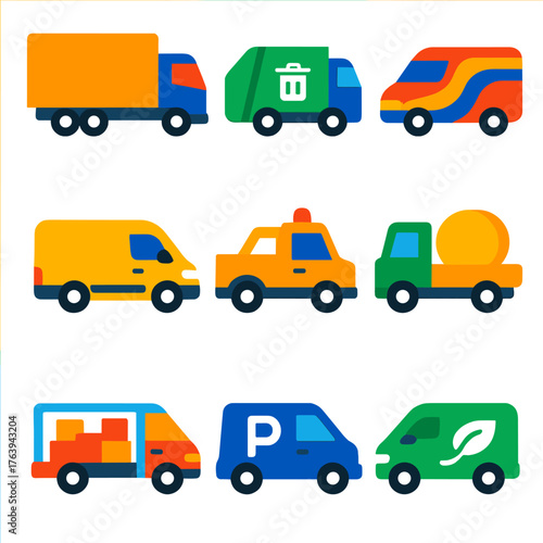Modern Truck Icons. Flat vector icons of van, truck and lorry: oversized cargo truck with box load, sanitation truck with waste