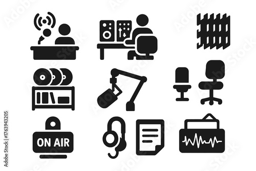 Radio Station Essentials. Solid style icons of Radio station setting: broadcast booth, engineer desk, acoustic panel, mic arm,