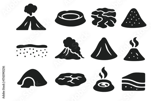 Volcanic Landscape Icons. Solid style icons of Volcanic landscape features: volcanic cone, caldera rim, lava field, ash plain,