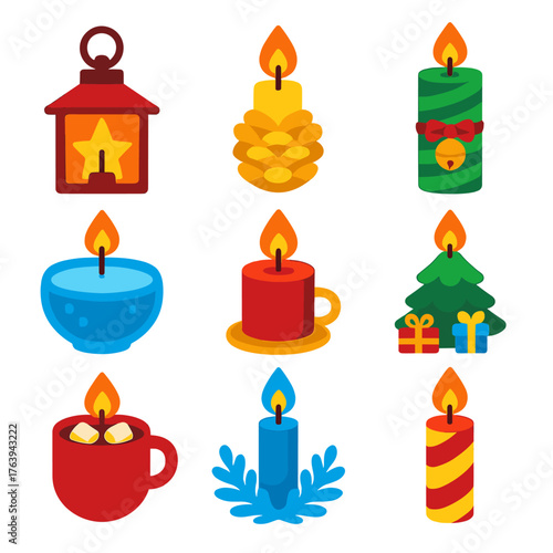 Festive Candle Icons. Flat vector icons of Christmas candles: candle in star-shaped lantern, burning wax in golden pine cone base,